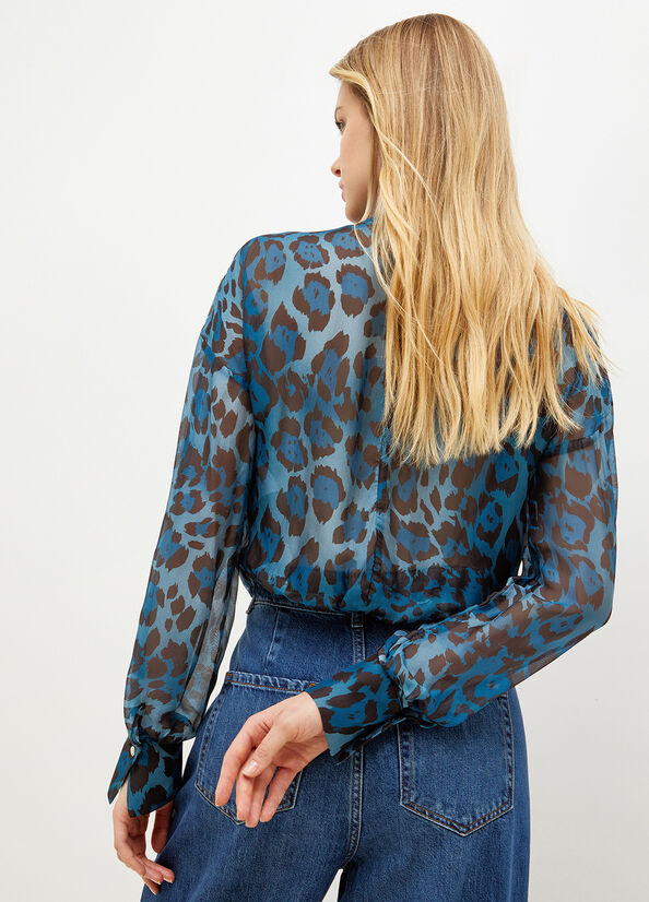 Liu Jo Animal-Print Chiffon Blouse Hemd Damen Blau | GOL-905178