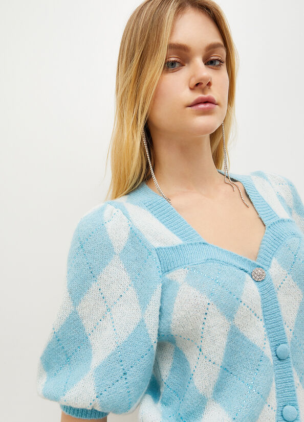 Liu Jo Argyle Cardigan With Gemstones Pullover Damen Weiß Blau | MOH-680794