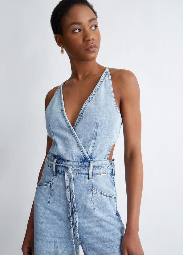 Liu Jo Eco-Friendly Denim Jumpsuit Kleider Damen Hellblau | IXP-530974