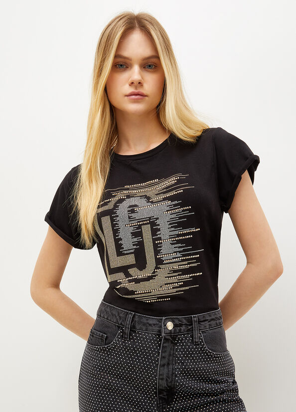 Liu Jo Eco-Friendly Jersey With Logo T-shirts Damen Schwarz | SIJ-741835