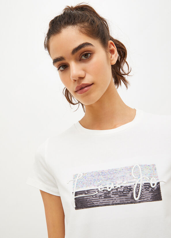 Liu Jo Eco-Friendly Sequined T-shirts Damen Weiß | EMQ-253184