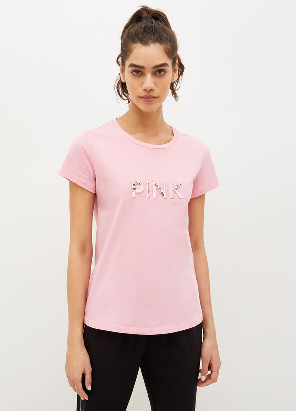 Liu Jo Eco-Friendly With Gemstones T-shirts Damen Rosa | KBI-267591