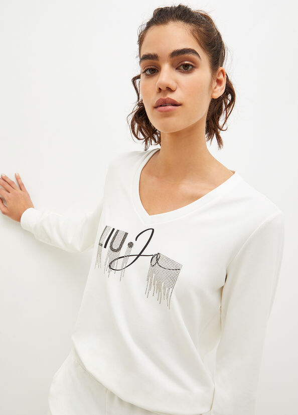 Liu Jo Eco-Friendly With Logo And Gemstones Sweatshirts Damen Weiß | DLX-321857