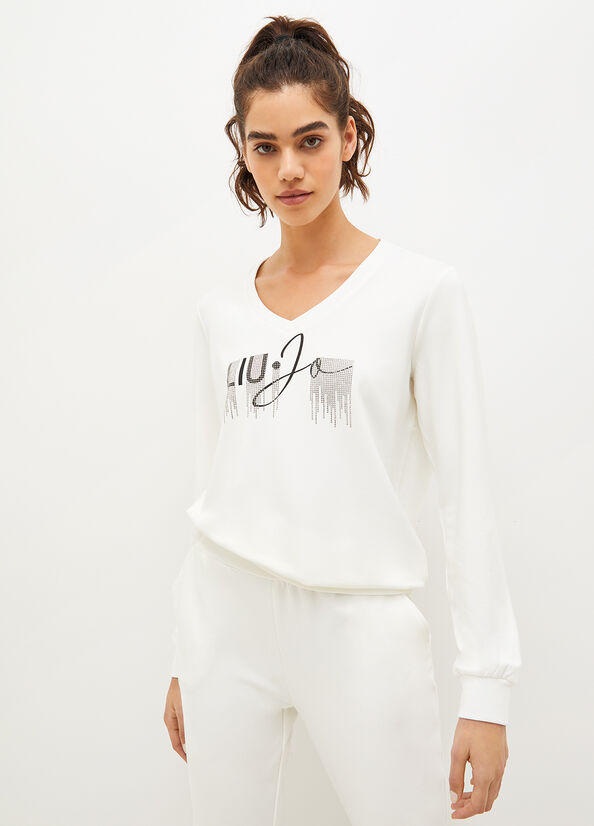 Liu Jo Eco-Friendly With Logo And Gemstones Sweatshirts Damen Weiß | DLX-321857