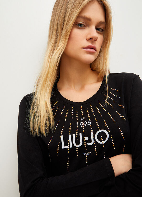 Liu Jo Eco-Friendly With Studs And Logo T-shirts Damen Schwarz | ETQ-312968