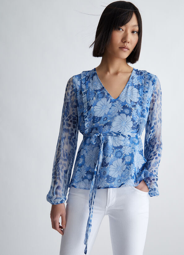 Liu Jo Floral Crepon Blouse Hemd Damen Dunkelblau | QFA-514609