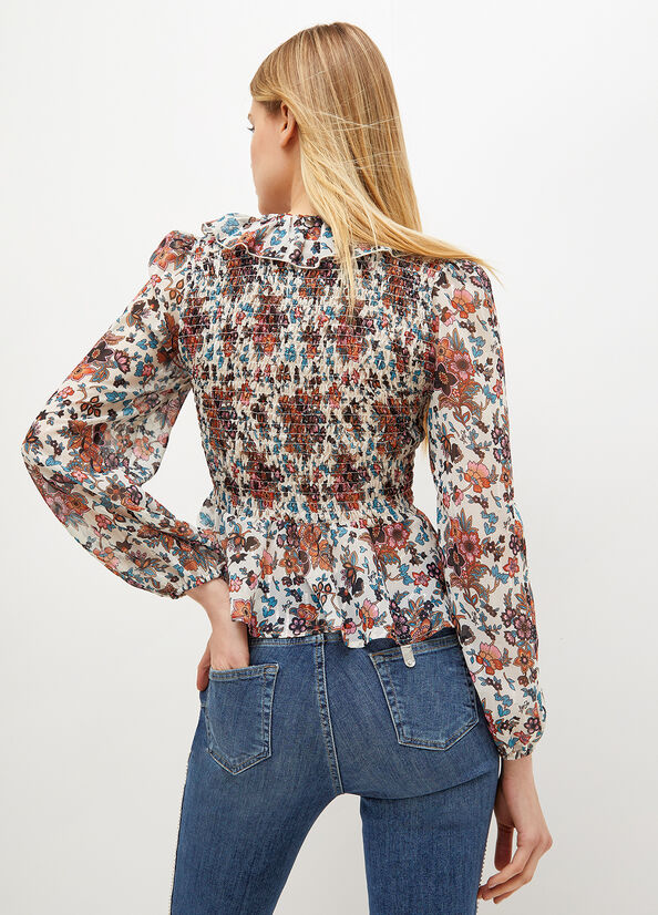 Liu Jo Floral Georgette Blouse Hemd Damen Weiß | SEL-273564