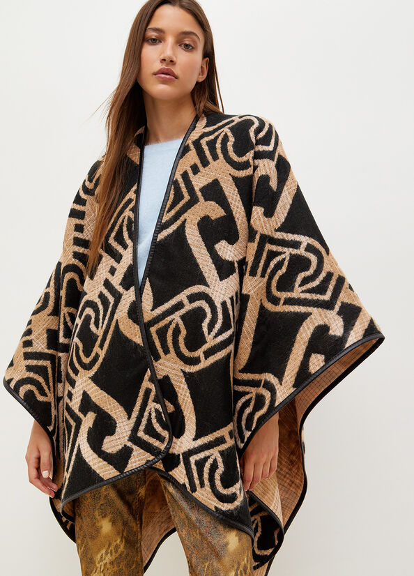 Liu Jo Jacquard Poncho With Logo Mäntel Damen Schwarz | UZJ-176240