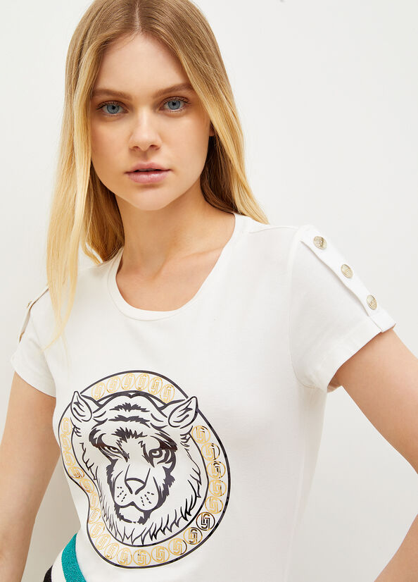 Liu Jo Jersey With Lion T-shirts Damen Weiß | DOQ-614590