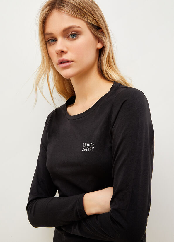 Liu Jo Jersey With Logo T-shirts Damen Schwarz | JZP-635209