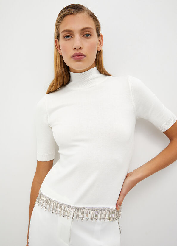 Liu Jo Mock Turtleneck With Jewel Fringes Pullover Damen Weiß | HVZ-065918