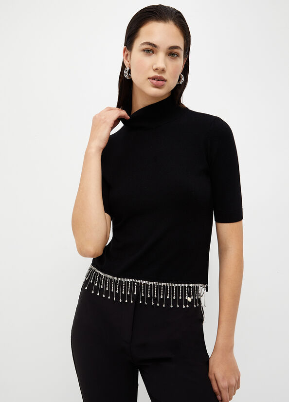 Liu Jo Mock Turtleneck With Jewel Fringes Pullover Damen Schwarz | URS-940725