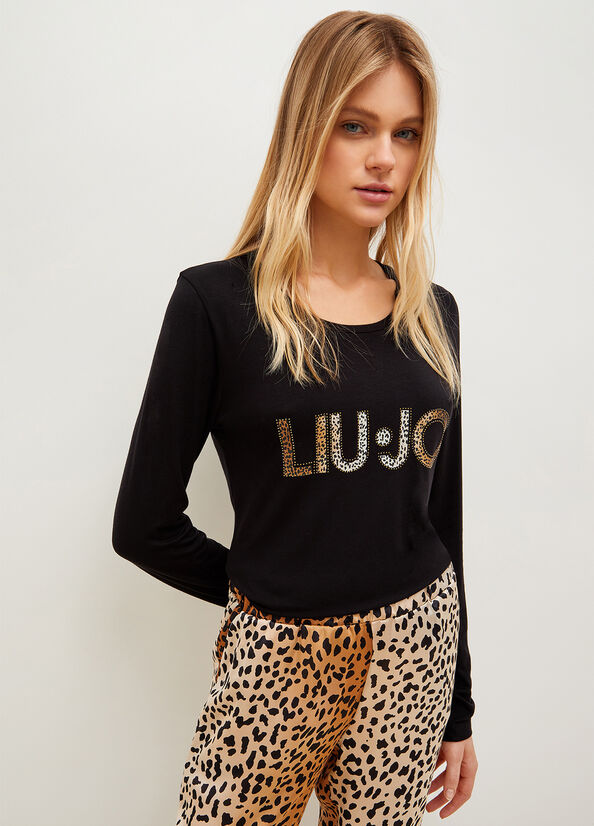 Liu Jo With Animal-Print Logo T-shirts Damen Schwarz | LIR-701985