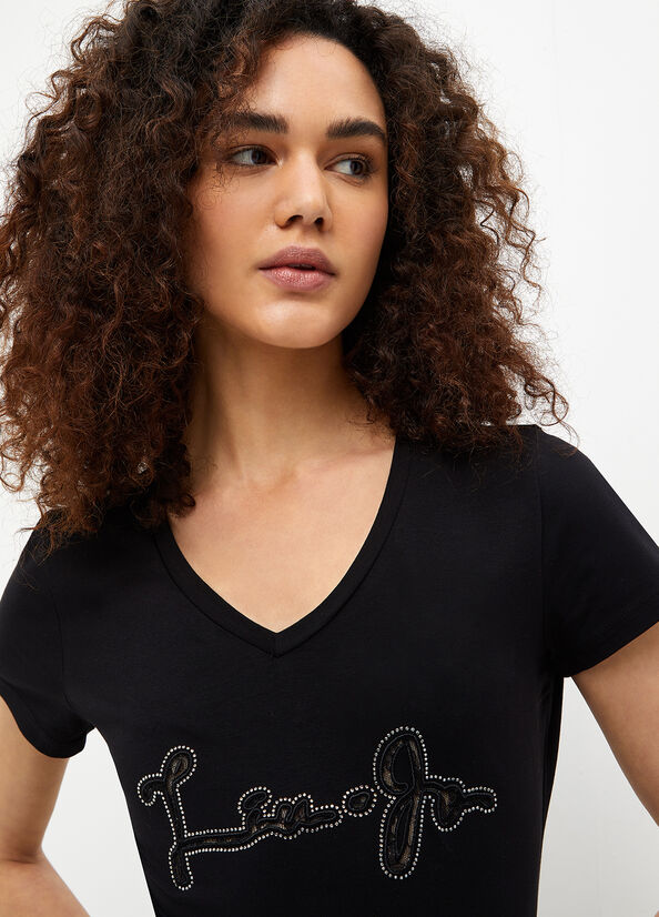 Liu Jo With Logo And Gemstones T-shirts Damen Schwarz | RGT-176095