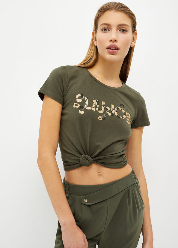 Liu Jo With Logo And Gemstones T-shirts Damen Olivgrün | RJA-809145