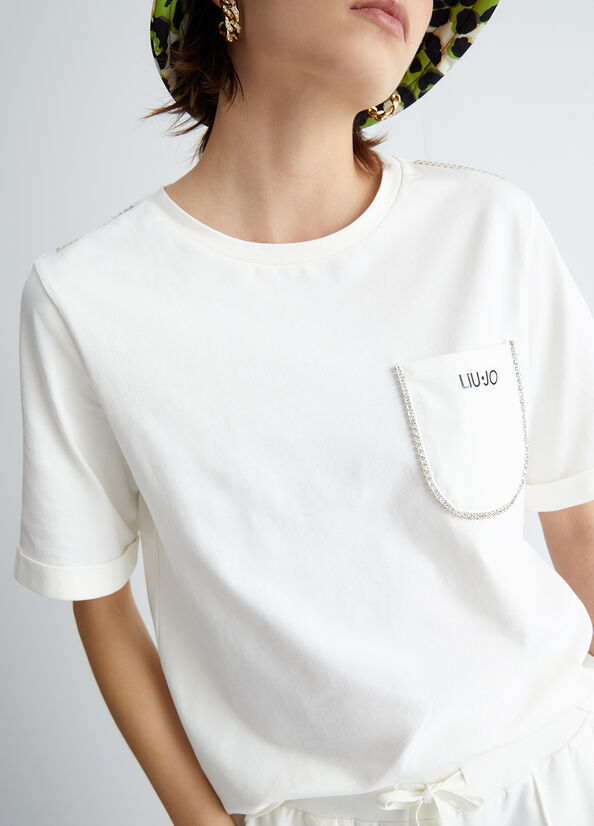 Liu Jo With Pocket And Rhinestones T-shirts Damen Weiß | PNV-748529