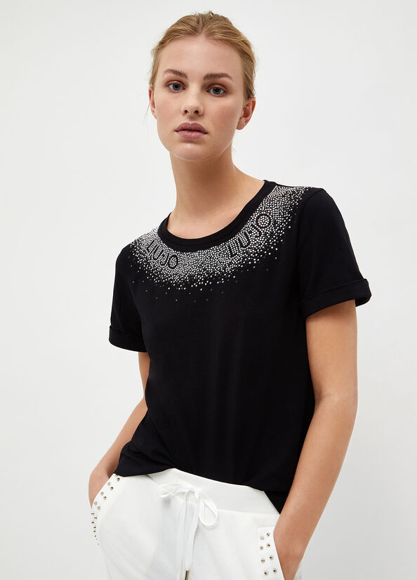 Liu Jo With Rhinestones T-shirts Damen Schwarz | HEB-839701