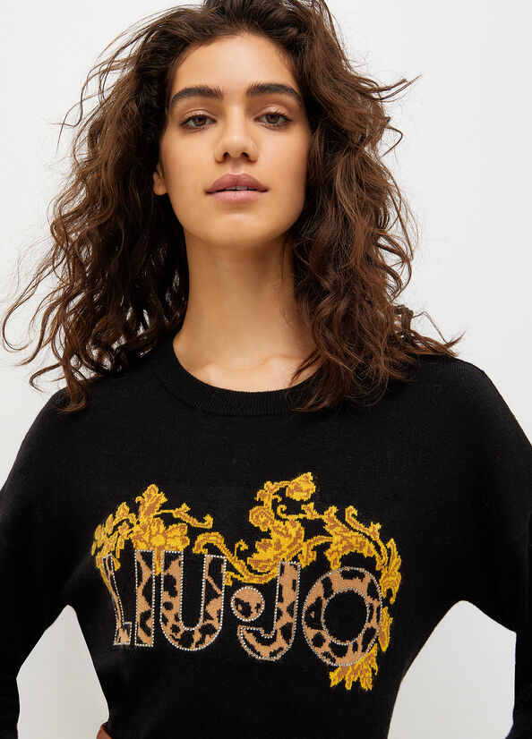 Liu Jo Wolle And Baumwoll With Animal Print Logo Pullover Damen Schwarz Gelb | RIV-801394