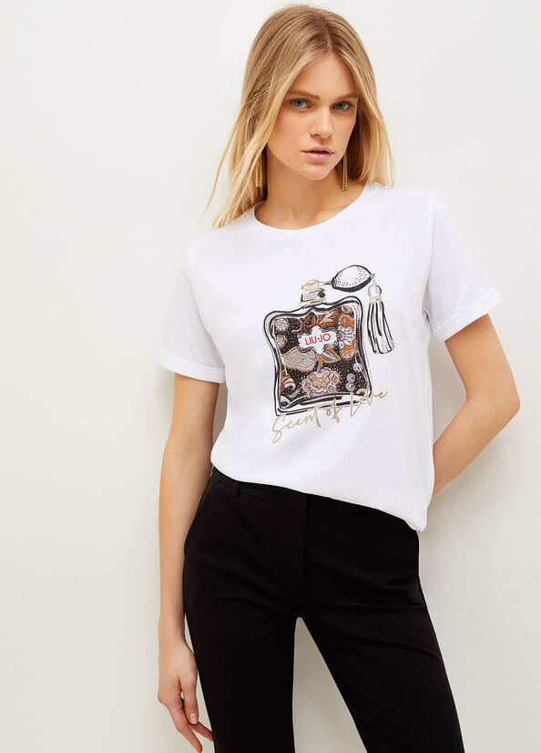 Liu Jo Baumwoll With Graphic Print T-shirts Damen Weiß | QXL-645870