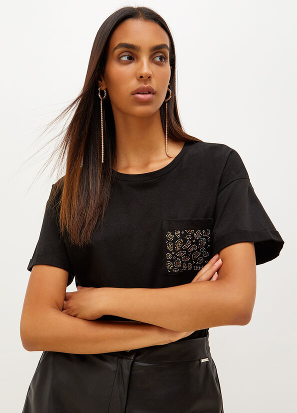 Liu Jo Baumwoll With Rhinestones T-shirts Damen Schwarz | NEP-921347