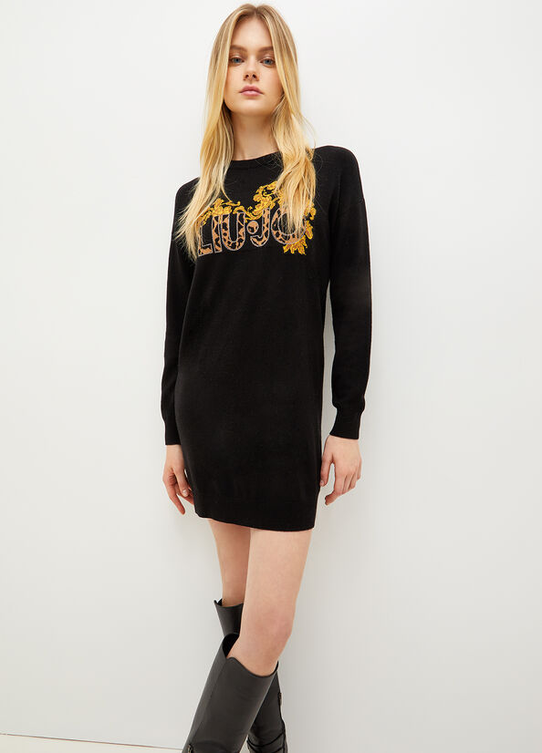 Liu Jo Knit With Logo Kleider Damen Schwarz Gelb | YSL-651378