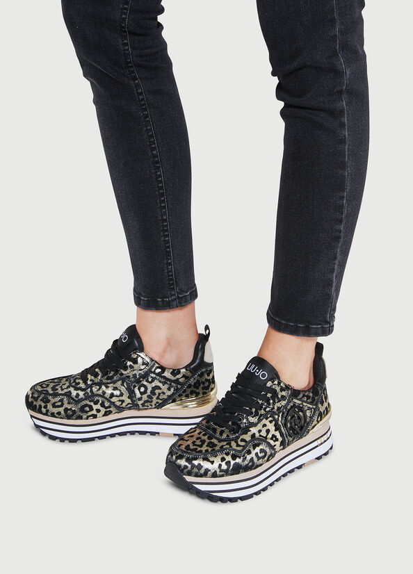 Liu Jo Laminated Animal-Print Plattform Sneakers Damen Schwarz Gold | HOT-684037