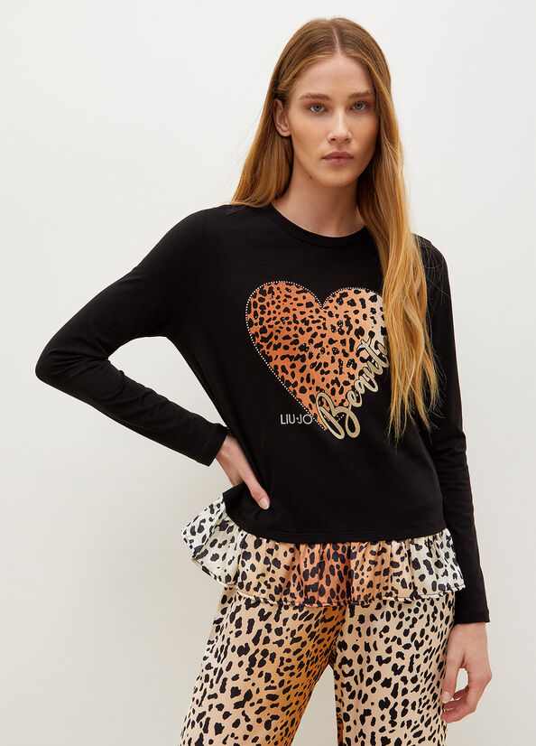 Liu Jo With Animal-Print Heart T-shirts Damen Schwarz | GXB-476932