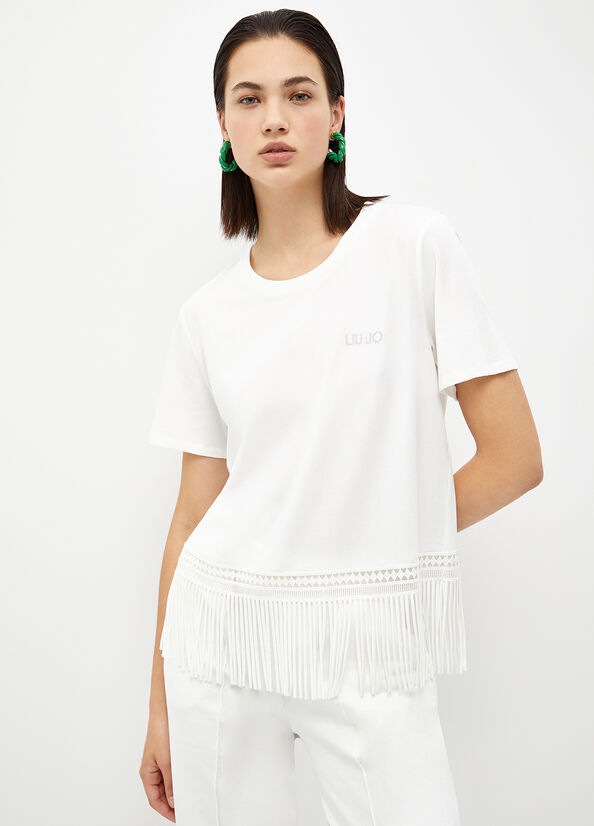 Liu Jo With Fringes T-shirts Damen Weiß | XPI-795321