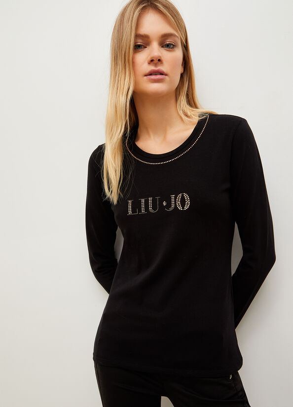 Liu Jo With Logo And Gemstones T-shirts Damen Schwarz | AUX-628904