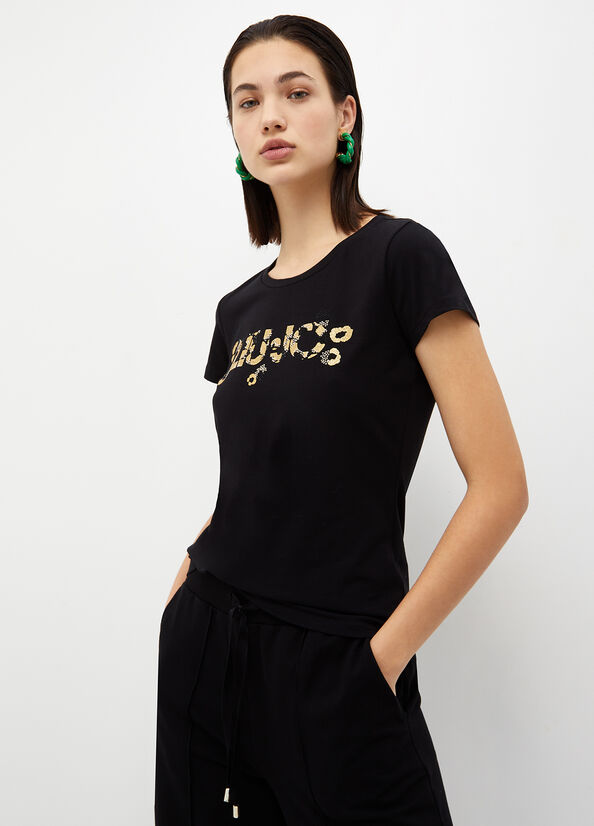 Liu Jo With Logo And Gemstones T-shirts Damen Schwarz | LDY-504829