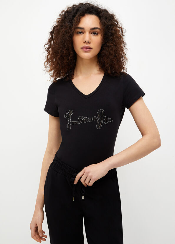 Liu Jo With Logo And Gemstones T-shirts Damen Schwarz | RGT-176095