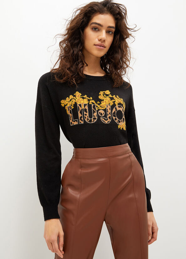 Liu Jo Wolle And Baumwoll With Animal Print Logo Pullover Damen Schwarz Gelb | RIV-801394